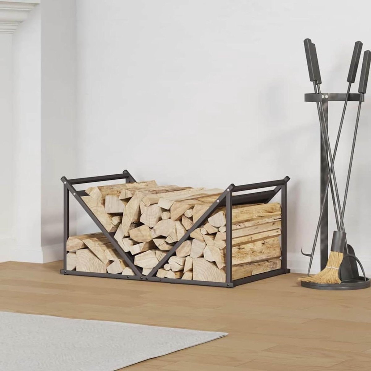 Gecheer 864173 Brandhoutrek zwart, 70 x 43 x 34,5 cm, koudgewalst staal, haardhoutrek voor binnen en buiten, kampvuur, camping, reizen