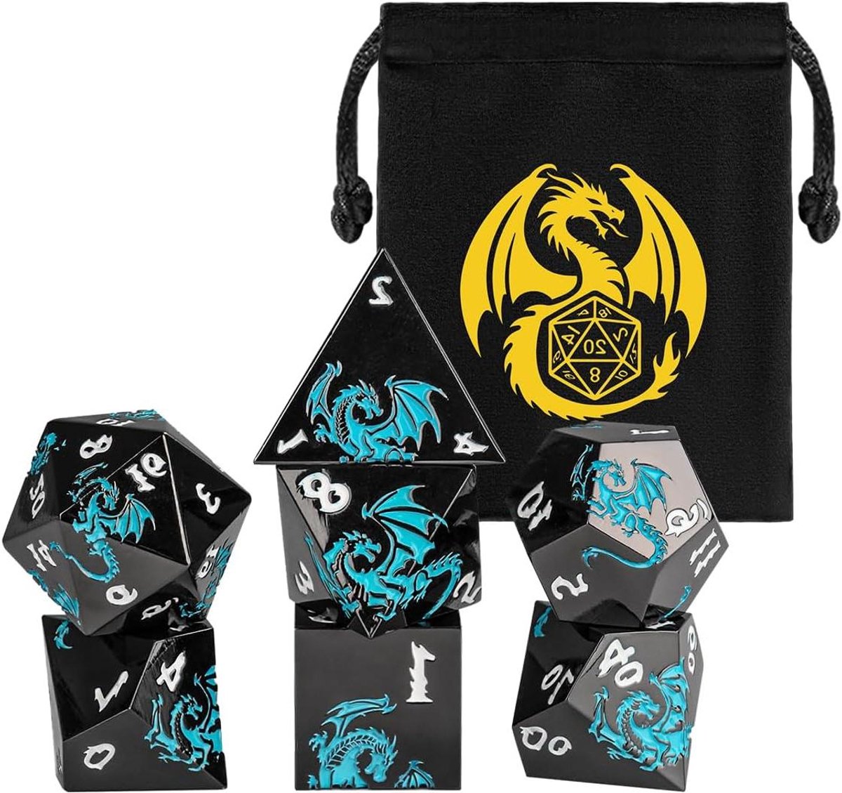 Metalen dobbelstenen - RPG dobbelstenen - Rollenspel avonturen - Drakenpatroon ontwerp - 7-delige set - Zwart blauw
