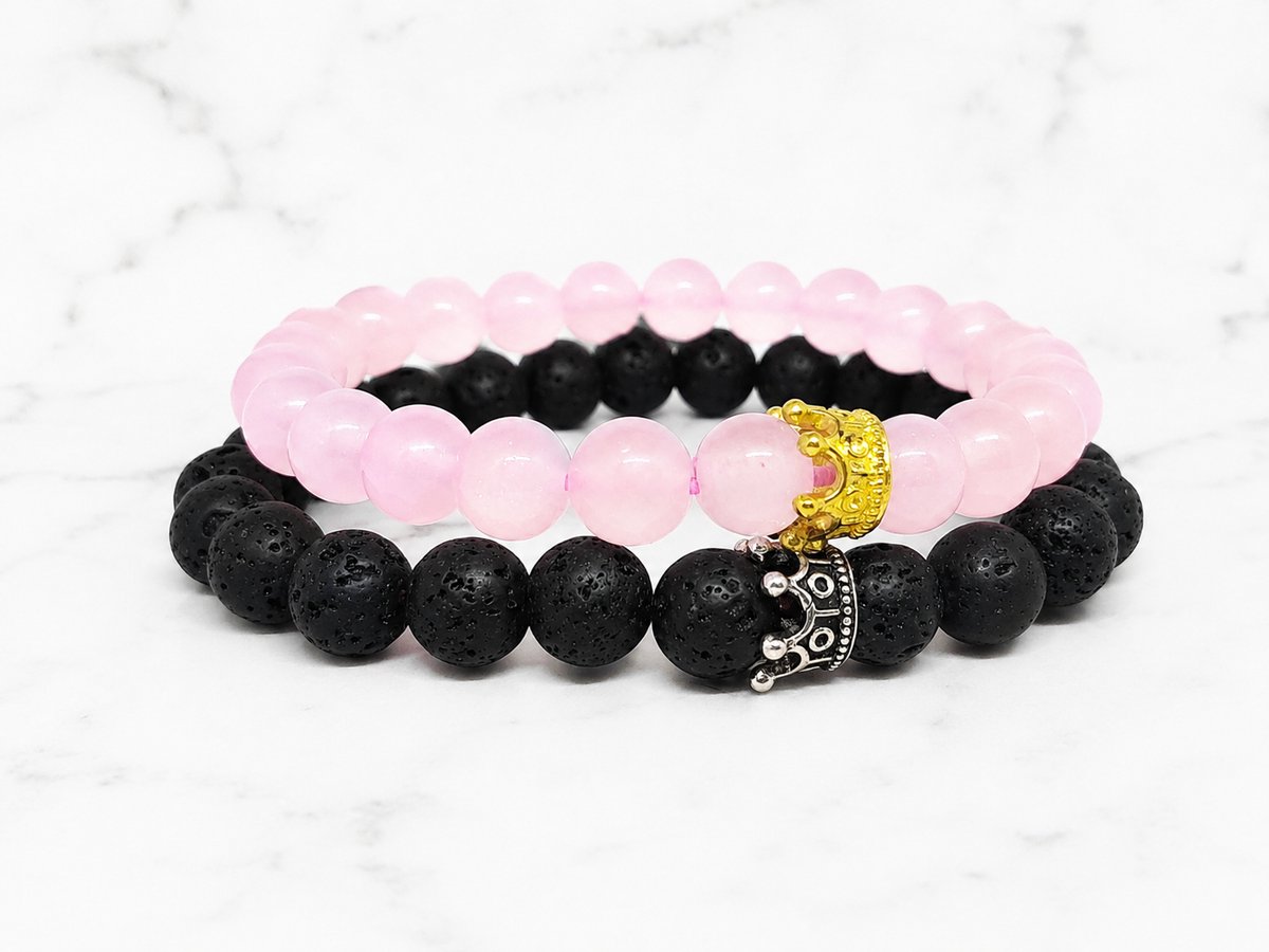 Mei's Loving Royal Couple - Set Armbanden - Rozenkwarts & Lavasteen - Roze/Zwart - polsmaat 17,5 cm