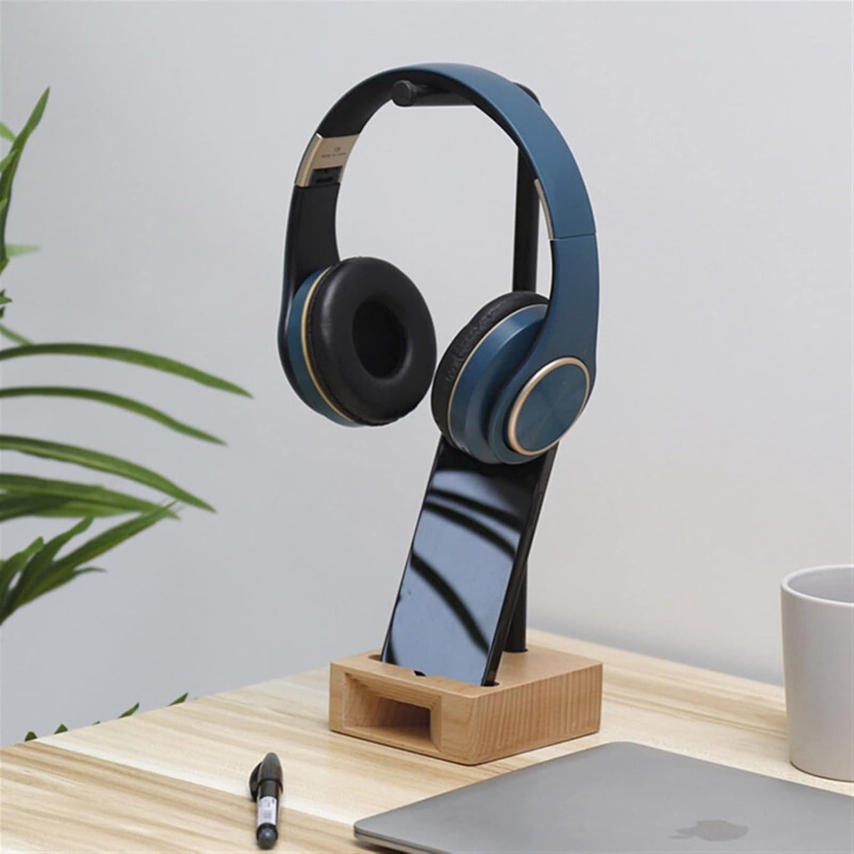 Oordopjes Houder - Hoofdtelefoon Stand - Bureau Organisatie - Handgemaakt Massief Hout - Universele Pasvorm - Natuurlijk — cadeau in Gadgets - foto 3