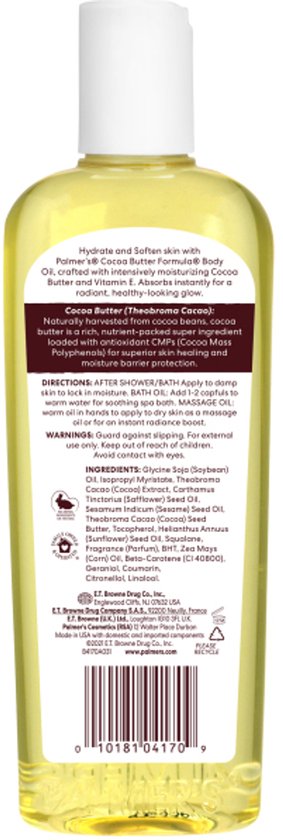 Achterkant van Palmer's body oil fles met ingrediëntenlijst en gebruiksaanwijzing.
