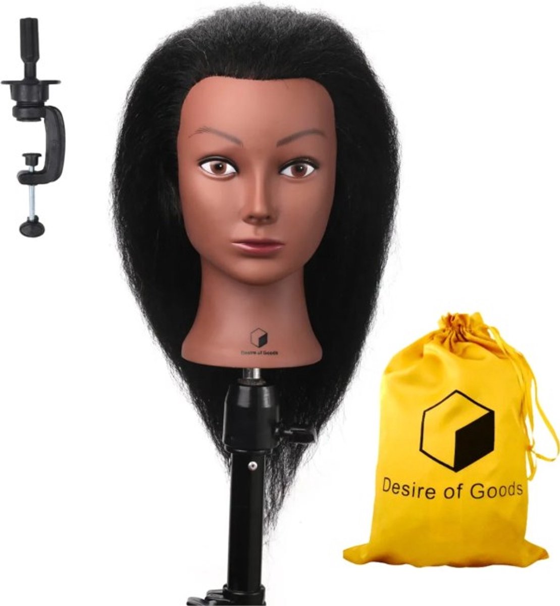 Desire of Goods Afro oefenhoofd kappershoofd - Kaphoofd - 100% Echt haar - Donkerbruin haar - Met tafelklem - 40 cm