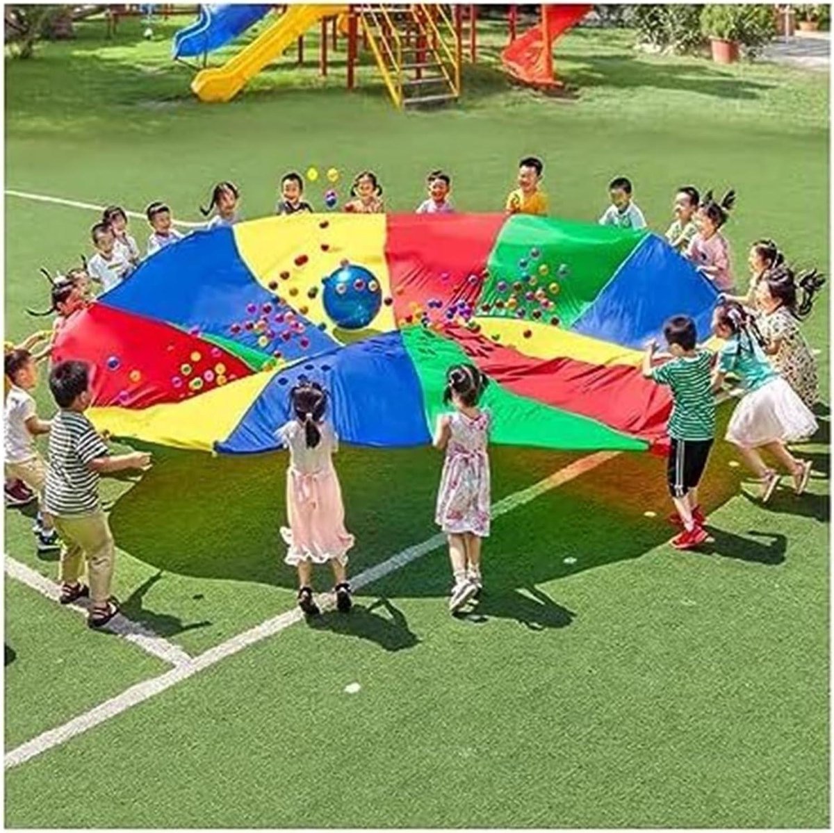 Buitenspeel Parachute - Groeps Parachute - Coöperatief Spel - Met Versterkte Handgrepen - Tot 12 Meter - Regenboog