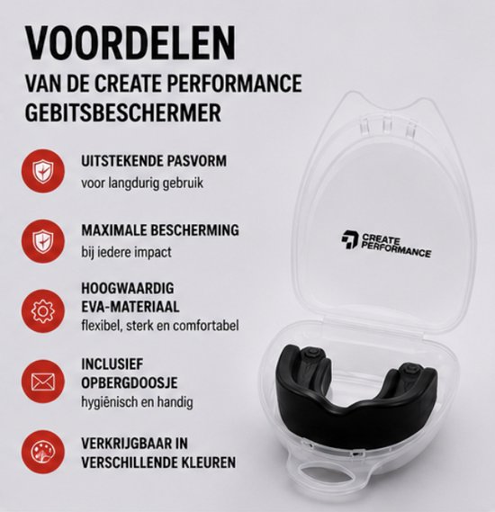 Zwarte gebitsbeschermer in open transparante bewaarbox, met tekst over 'Voordelen' en iconen.