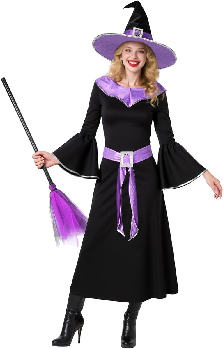 Vrouwelijk Halloween Kostuum Set met Zwarte en Paarse Tovenaar Jurk, Hoed, Riem, Bezem en Tatoeage Stickers voor Volwassenen