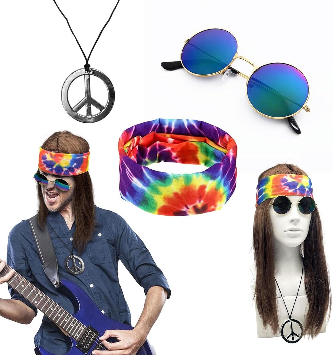 Hippie Kostuum Set voor Mannen en Vrouwen met Perücken, Zonnebril en Halsketting voor Carnaval en Halloween Feesten