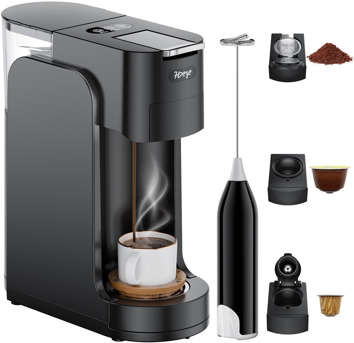 HDeye 3-in-1 Kapsel Koffiemachine – 1450W, 750ml, 3 sec Verhitting, Compatibel met DG/Nespresso/Poeder – Zwart + Melkopschuimer