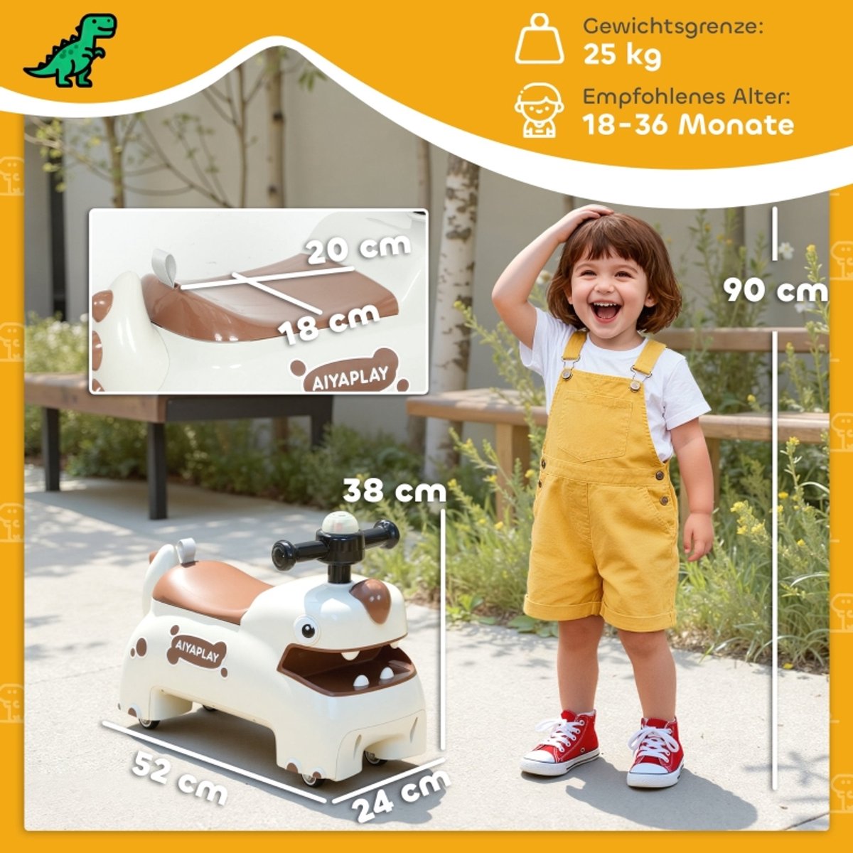 Dino Loopauto - Wit Bruin - Geluid en Licht - 18-36 Maanden