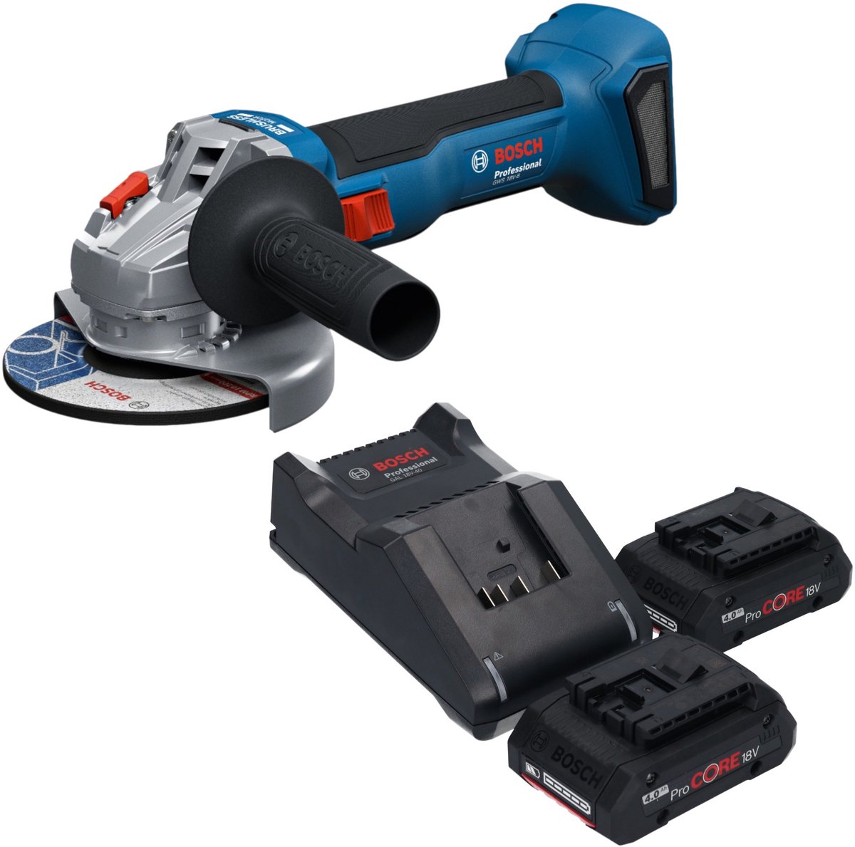 Bosch GWS 18V-8 Professional accu-haakse slijper 18 V 125 mm borstelloos + 2x ProCORE-accu 4,0 Ah + oplader
