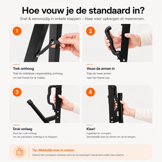 Vier stappen om de zwarte gitaarstandaard in te klappen: trek hendel omhoog, klap armen in, druk voet omlaag, klaar.