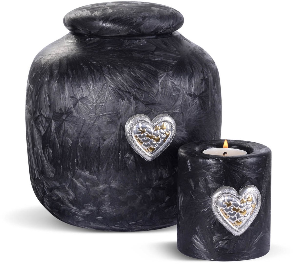 Terroso® - Glazen Urn Set - Zwart Frost - Met Verzilverd Hart - Inclusief Bijpassende Herdenkingskaars - 3,5 Liter