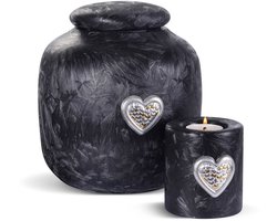 Terroso® - Glazen Urn Set - Zwart Frost - Met Verzilverd Hart - Inclusief Bijpassende Herdenkingskaars - 3,5 Liter