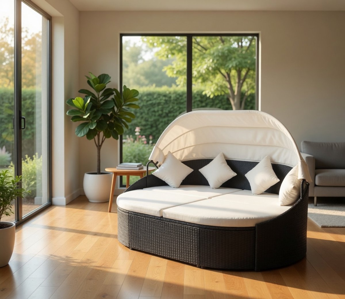 Outdoor Solar Island with Sun Canopy, UV Resistant, Sun Bed, Garden Bed, Relax Chair, Polyrattan Lounge Tablet, Black, 230 x 145 x 80 cm-Industrohome