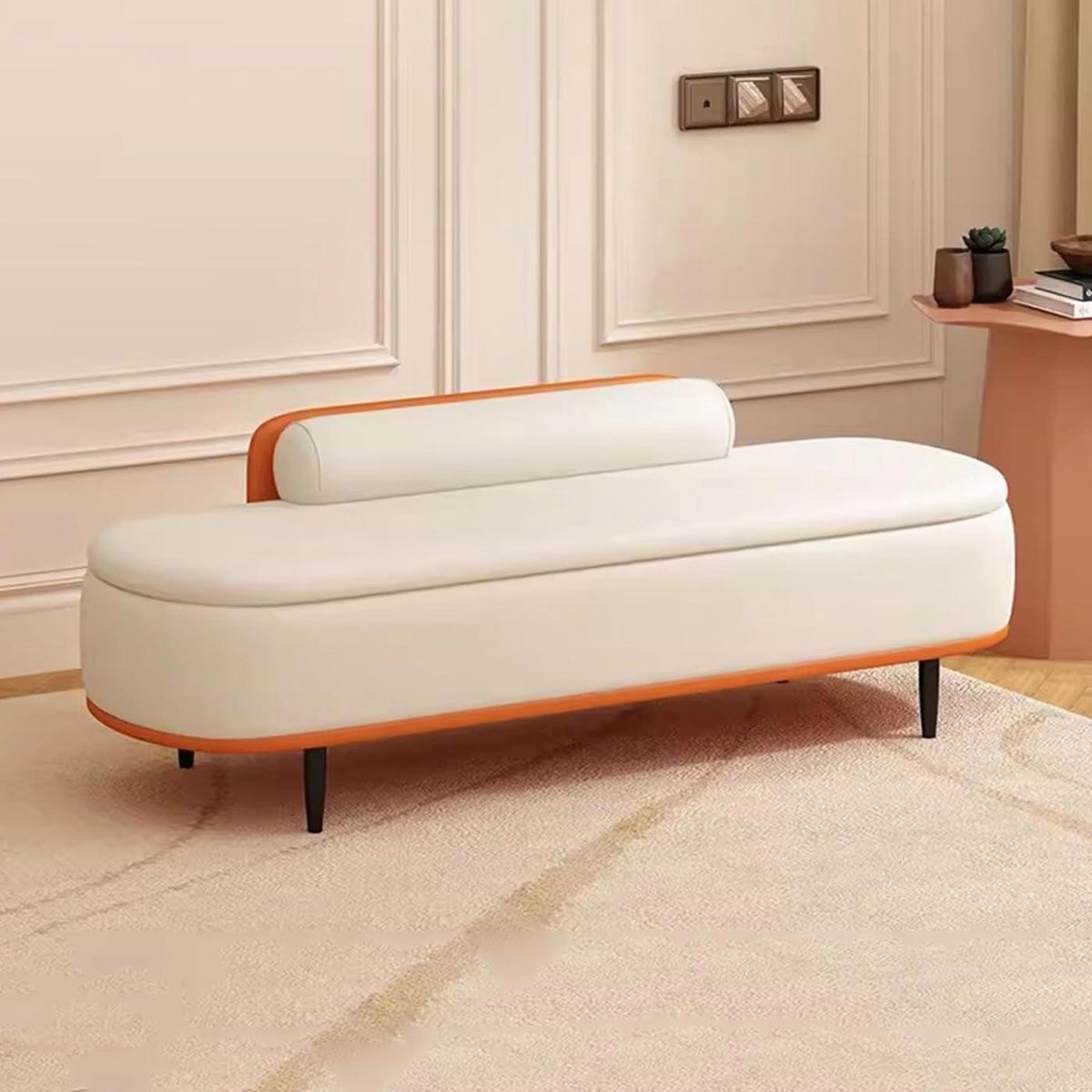 Opbergbank Ottoman - Voetenbank Poef - Woonkamer Extra Zit - Verborgen Opbergruimte - 60 cm - Beige Oranje