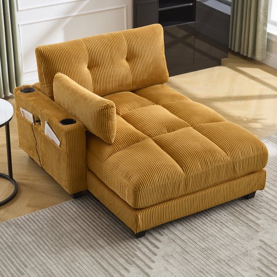 MODFU Loungestoel - Verstelbare Hoofdsteun En Bekerhouders - Modern - Voor Woonkamer Of Slaapkamer - Ribfluweel - Mosterdgeel - 140x112x81 cm