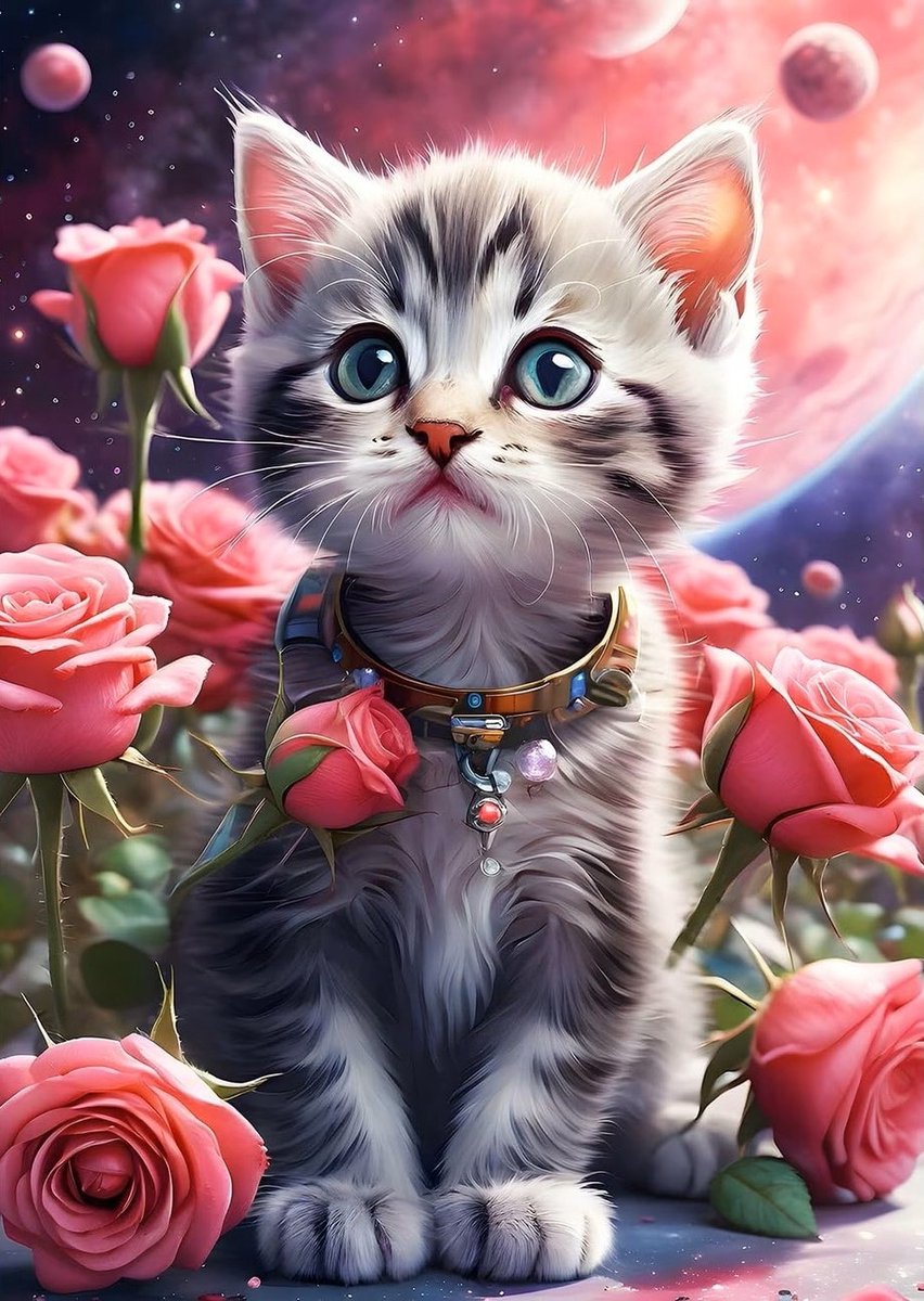 30x20cm Diamond Painting kitten met rozen (rond) nr 395