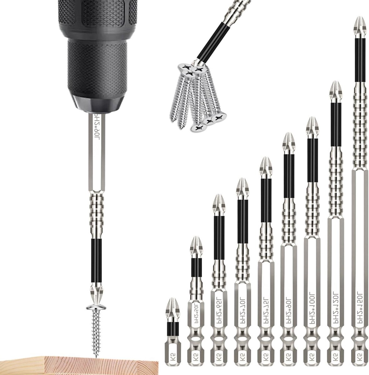 9 Stukken Magnetische Schroefbits - Antislip Magnetische Bits - Hoog Magnetische Schroevendraaier Boor Bit Set (25/50/65/70/75/90/100/120/150mm)