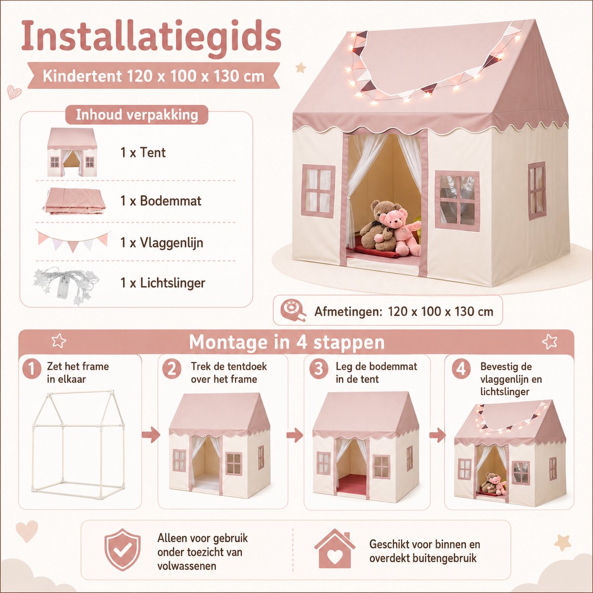 Lemlit Speeltent voor Kinderen - Kindertent met Mat Verlichting en Muggennet - Prinsessentent en Speelhuisje voor Binnen en Buiten - 120x100x130 cm - Roze — afbeelding 8