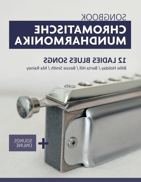 Chromatische mondharmonica in close-up met tekst '12 Ladies Blues Songs' en 'Online sounds' icoon op een witte achtergrond.