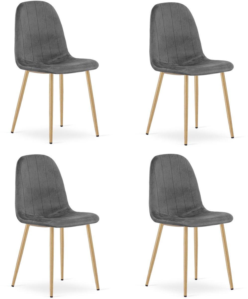 Set van 4 eetkamerstoelen PADVA – Donkergrijs fluweel – Eiken poten – Modern design