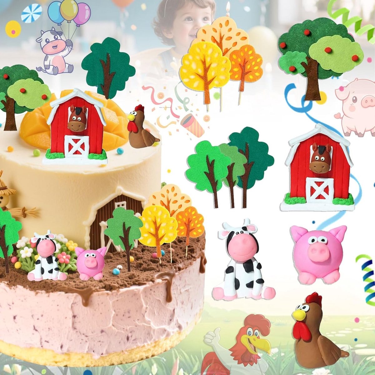 Allecto Plus - Boerderijdieren Taarttoppers - Verjaardag Taart Topper - Boerderijdieren Taartdecoraties - Baby Douche - Boerderij Thema - Feestdecoraties - 11 Stuks.