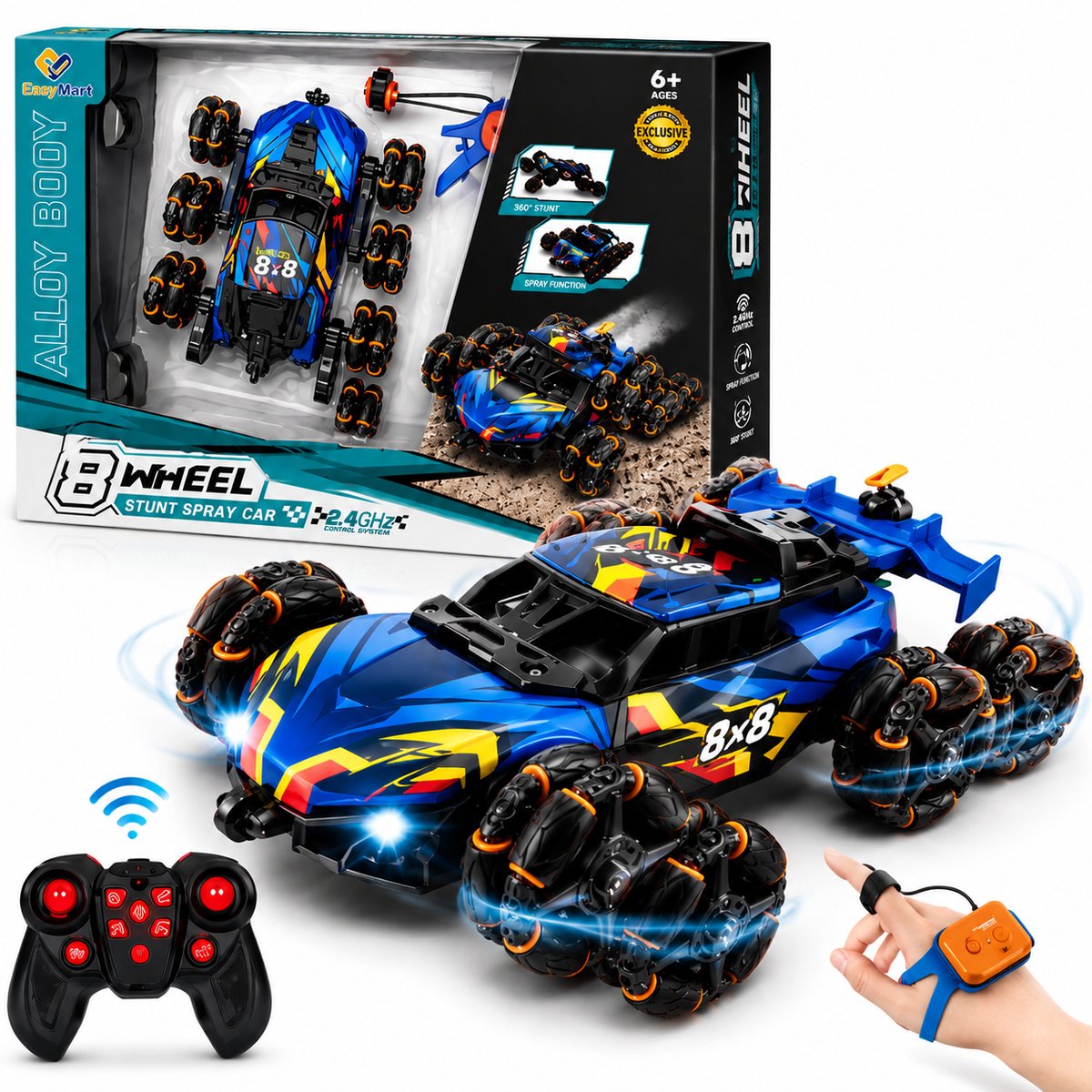 EasyMart RC Stuntauto met 8 Wielen Blauw/Zwart – Handgebaarbesturing & 2.4GHz Afstandsbediening – 360° Drift, Flip, LED,Muziek en Spray Effect – Oplaadbaar Speelgoed vanaf 6 Jaar