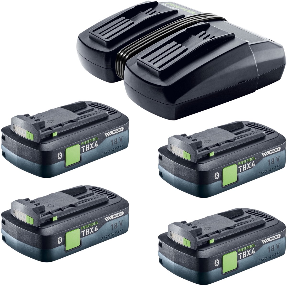 Festool Energie Set 18V 4xTBX4/TCL6DUO met 4x BP 18 TBX 4 C-ASI accu 18 V 4,0 Ah ( 4x 578745 ) + TCL 6 DUO dubbele lader ( 577017 )