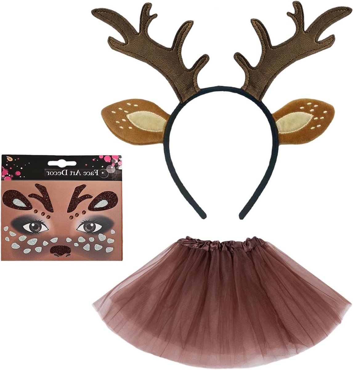Drie-delig kinder kostuum met tule rok, bruine haarband, dierenoren en gezichtstatoeage voor carnaval, Halloween en feestjes