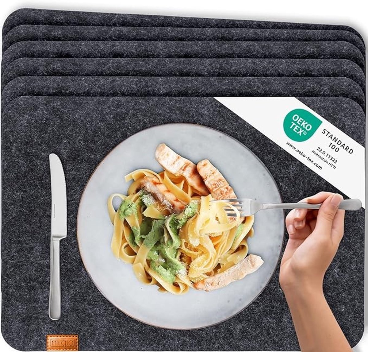 Design vilt placemat set van 6, donkergrijs antraciet, afwasbaar