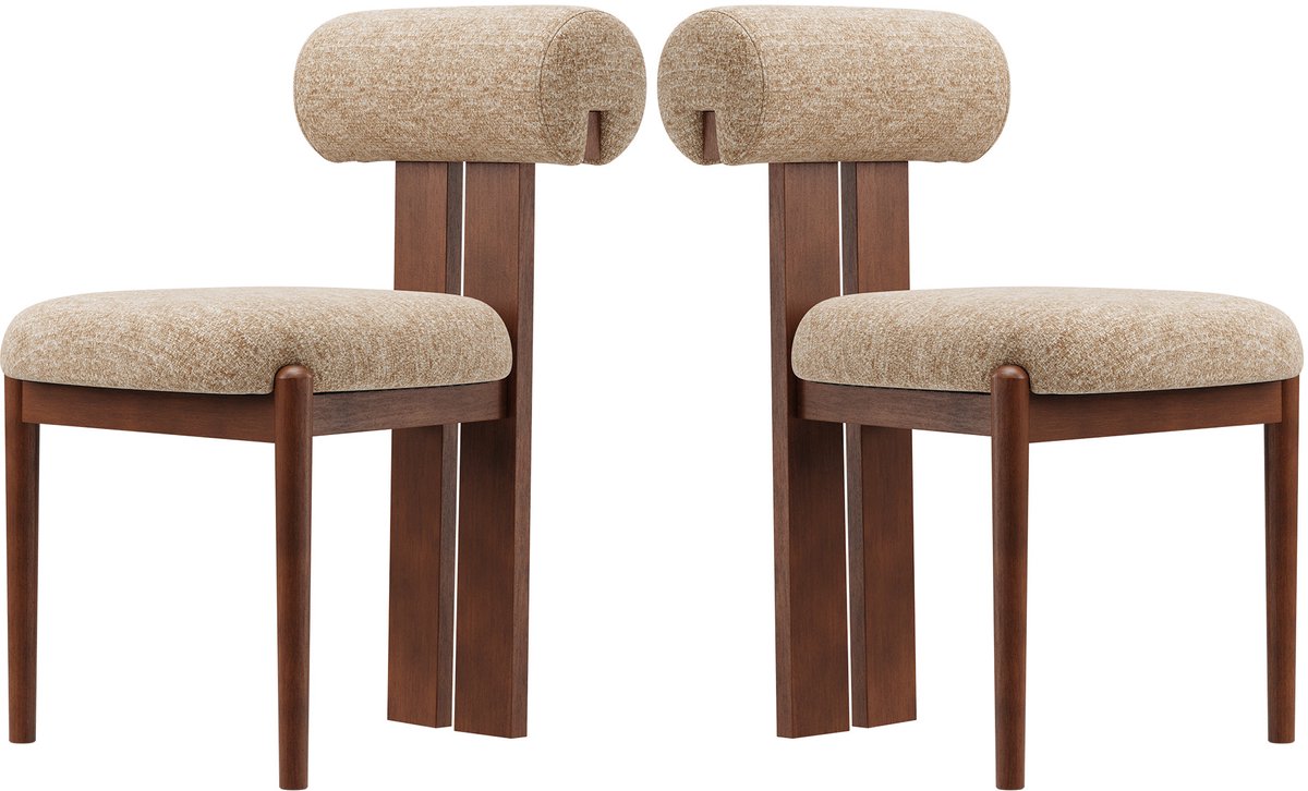 COLAMY Houten eetkamerstoelen set van 2 – Gestoffeerde stoelen met open gebogen rugleuning en dikke zitkussens – Voor keuken en eetkamer – Antislipzolen – Camelkleurig