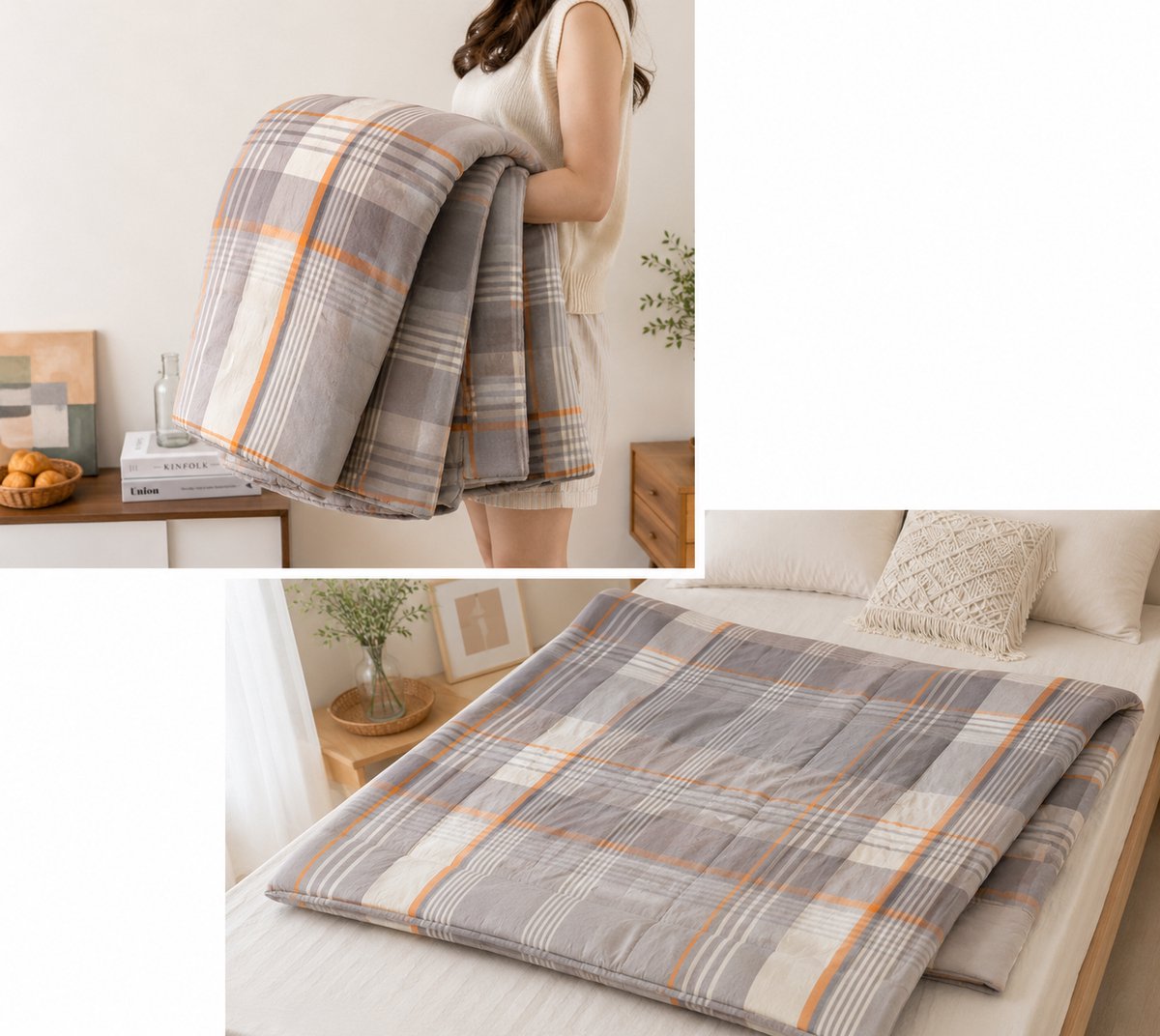 Jaquet Zomerdeken 200x220/230 cm – 100% Katoen – Zonder Dekbedovertrek te Gebruiken – Grijs Geruit