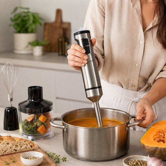 Swiss Haus® HBS22 3-in-1 Staafmixer - 1500W - RVS Hadnblender + Hakmolen 600ml + Klopper - 12 Snelheden + Turbo - Titanium 4 Bladenmes - Zermatt Glacier Collection van Merkloos — afbeelding 5