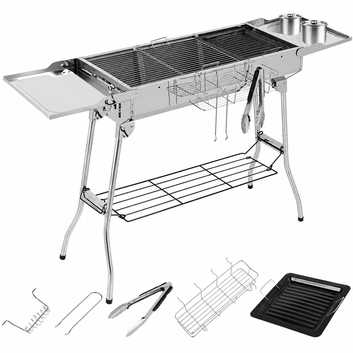 CINK Outdoor Houtskoolbarbecue XXL - Opvouwbaar met RVS Frame - Met Zijtafels, Opbergrek en Grillaccessoires - Voor Tuin en Camping