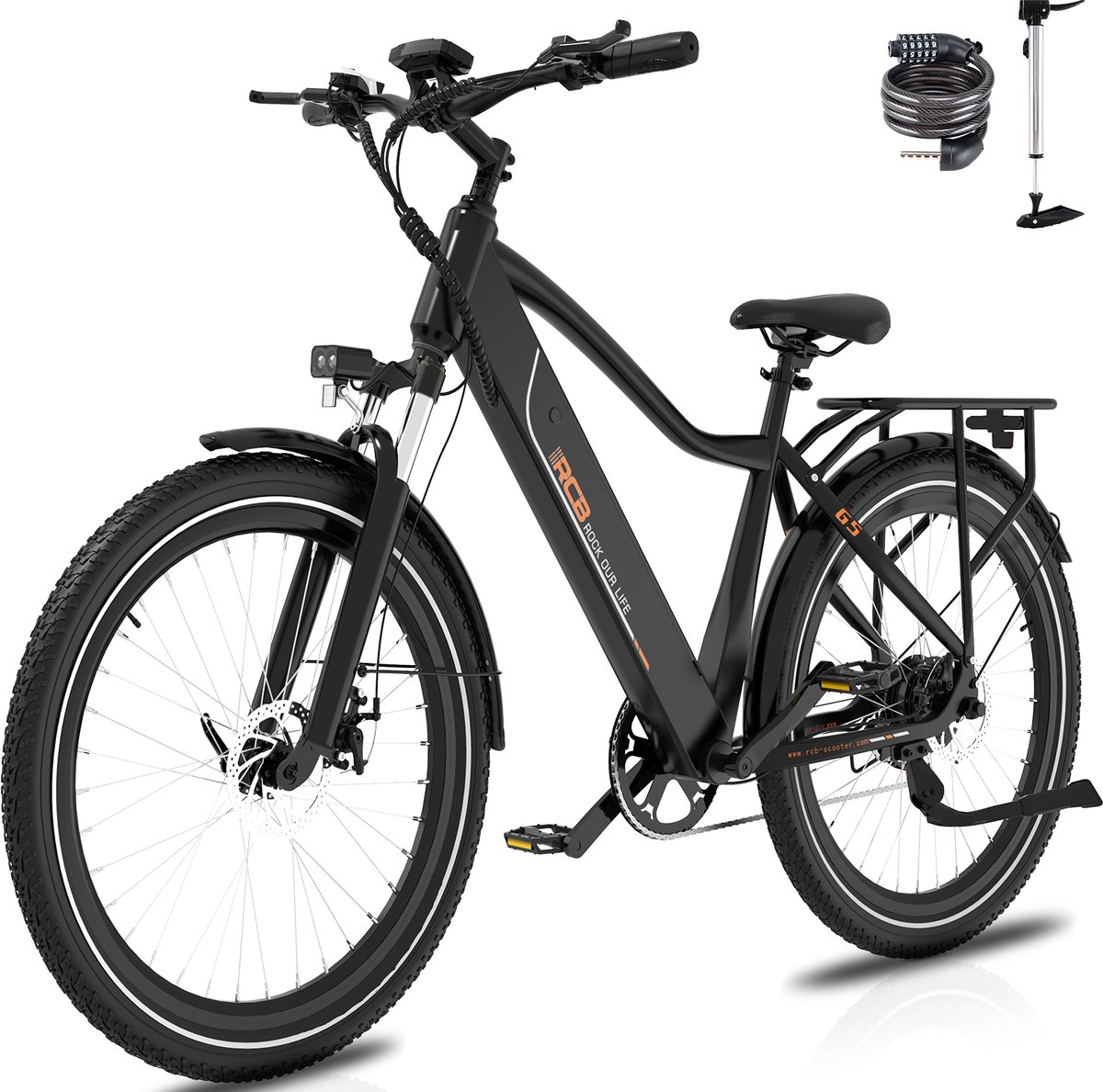 RCB G5 Elektrische Fiets, Trendy 80km City Commuter EBike, 250W, 36V 13Ah, Voorvorkvering, 7 Versnellingen, App, NFC & LCD, Lichtgewicht Aluminium, Zwart, Dames/Heren