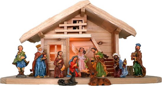 Kerststal met figuren - Tafelkribbe decoratie - Kerstsfeer creëren - Inclusief LED-verlichting - 38 cm breed - Niet gespecificeerd