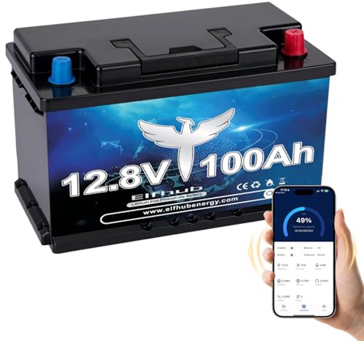 Lithium Accu - 12V Batterij - Energie Opslag - Bluetooth Monitoring - 100Ah Capaciteit - Zwart
