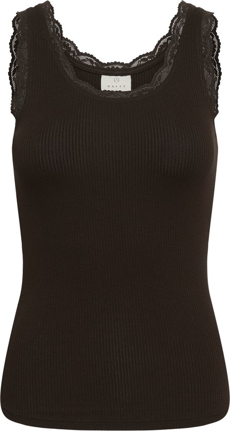 Bruine geribbelde tanktop met kanten rand langs de halslijn en een Kaffe label.