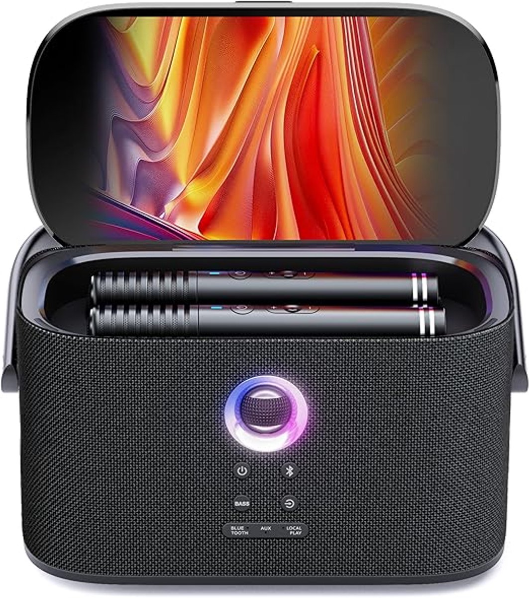 Draagbare Karaoke Machine voor Volwassenen - met Weergavescherm voor Songteksten - 2 Zelfopladende Draadloze Microfoons - Autotune & EQ - 140W Speaker - Verbinding met TV