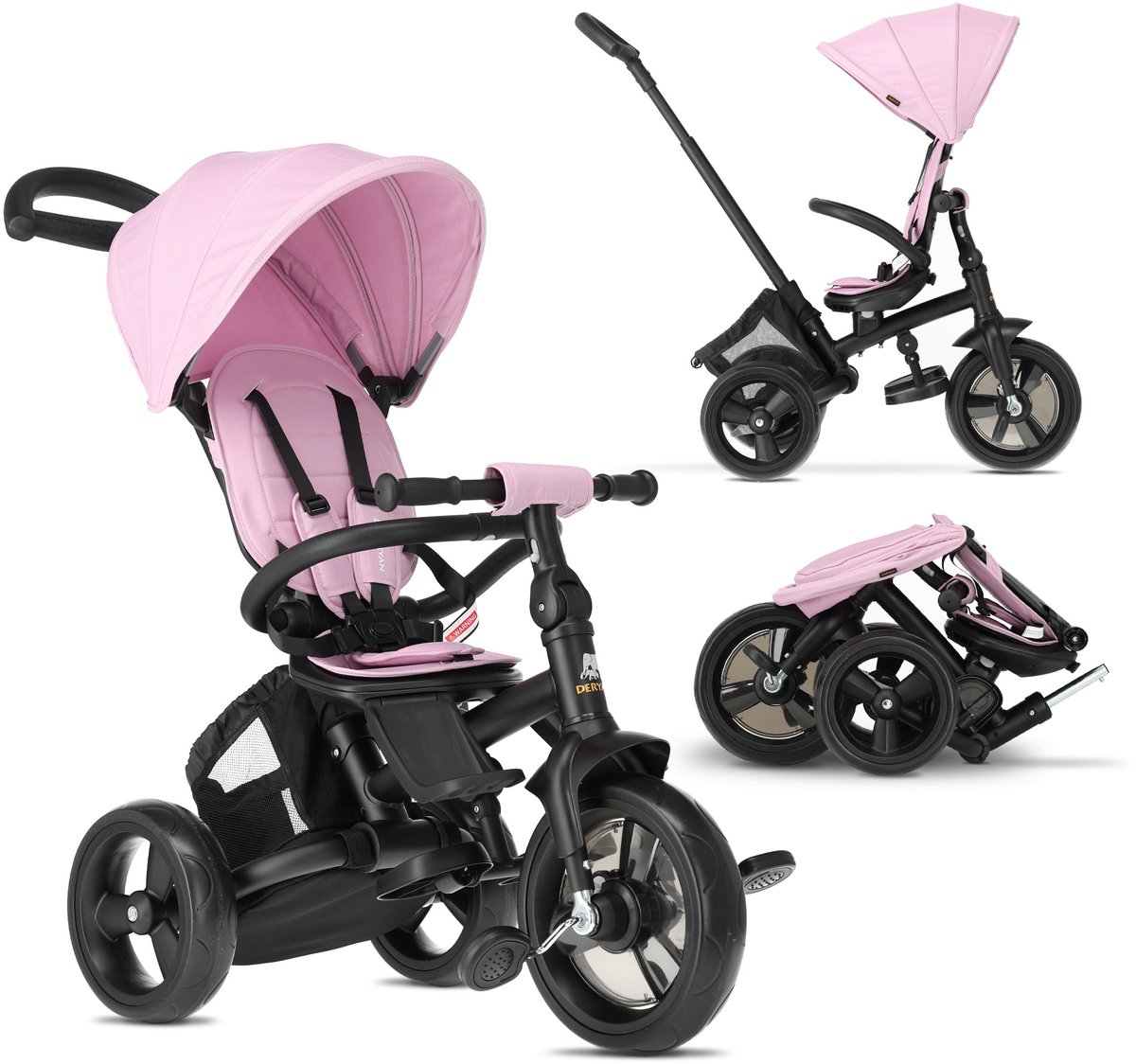 Deryan Explorer Driewieler - Duwstang - Opvouwbaar met Mandje - Roze