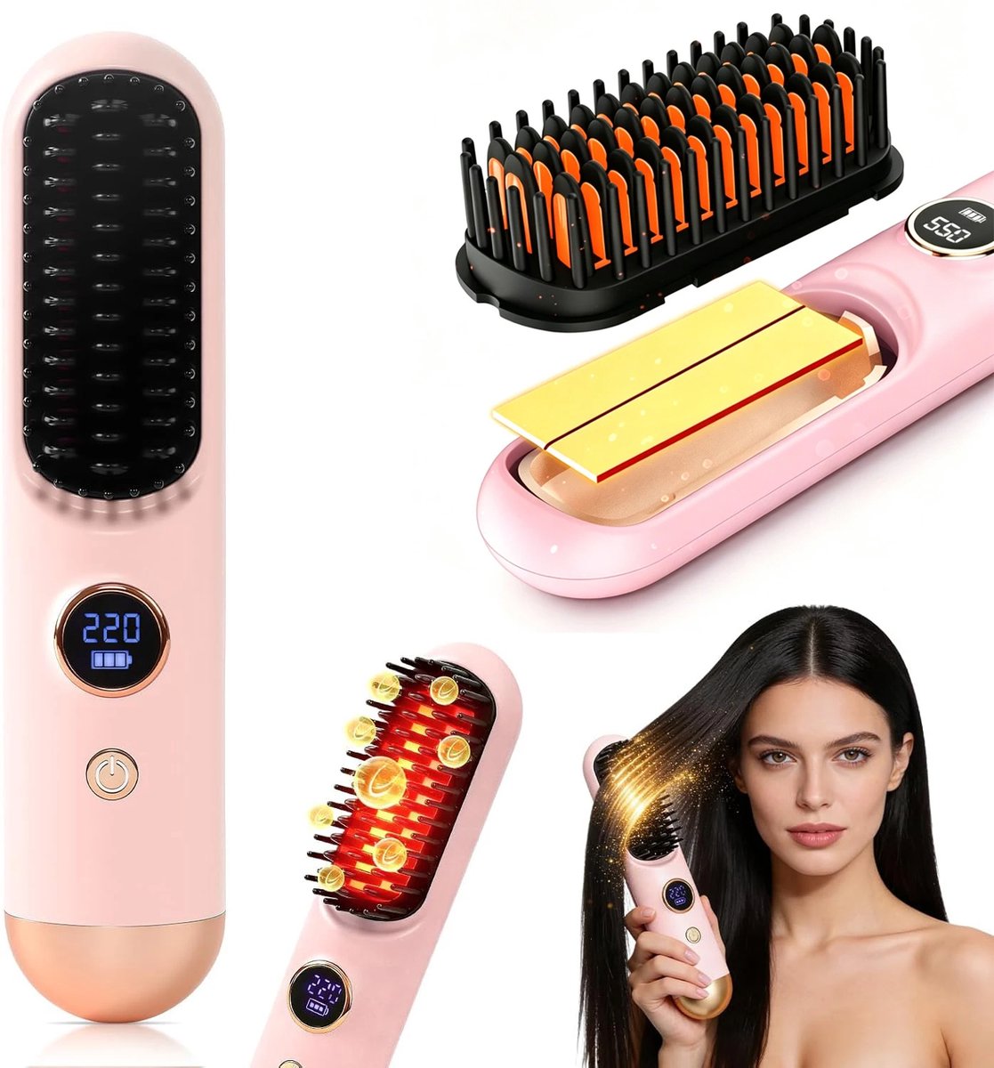 Haarstrijkborstel - Draadloos - Voor Kort Haar - Mini Draagbaar - 9 Temperatuurstanden - Snelle Opwarming - Reisformaat Stylinggereedschap - Vrouwen - Roze