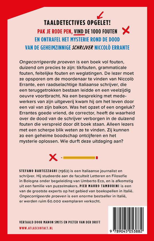Achterkant van het boek 'Ongecorrigeerde proeven'. Tekst met uitleg over het boek en de auteur, Stefano Bartezzaghi. Bevat een barcode.