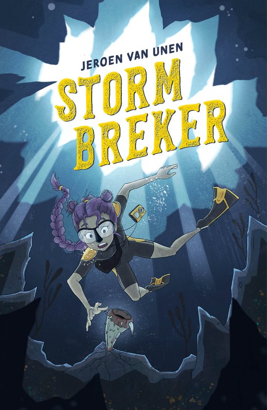 Een meisje met paars haar in een vlecht duikt in de oceaan. Ze draagt een duikpak en een duikbril. Op de voorkant staat "JEROEN VAN UNEN STORM BREKER".