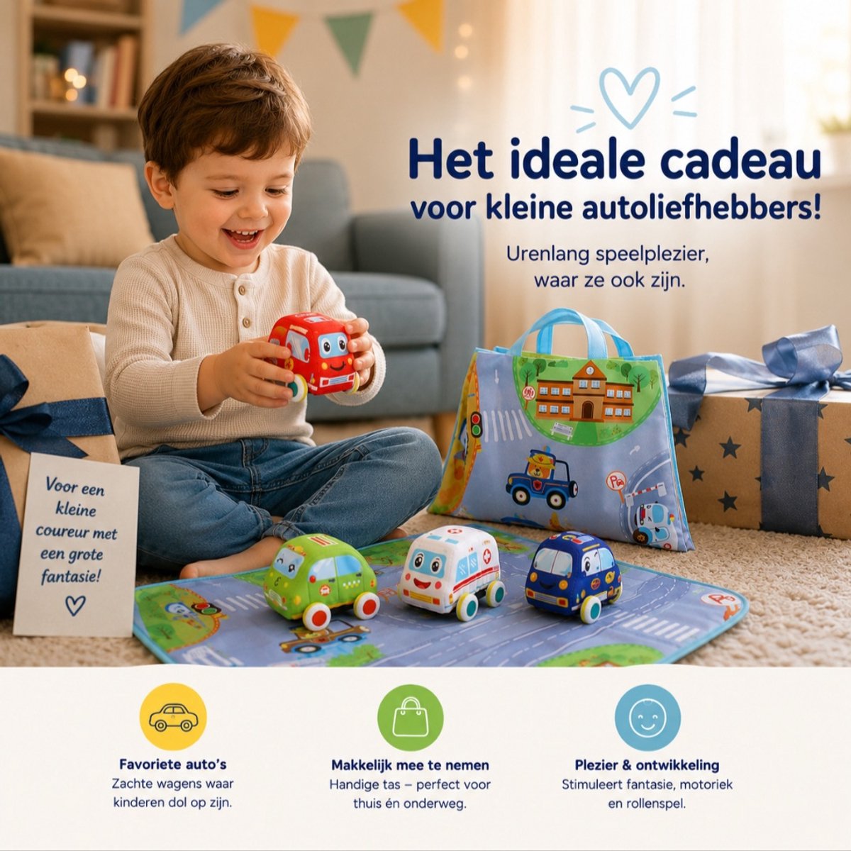 Speelmat Auto's Met Opbergtas - 4 Houten Voertuigen - Speelkleed Auto - Educatief Speelgoed - Cadeau Jongens En Meisjes Vanaf 1 Jaar — afbeelding 8