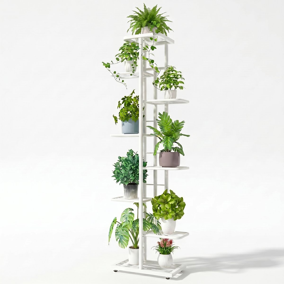 Aiverig® Plantenstandaard 8 Lagen – Plantenrek voor 9 Planten of Bloemen – Voor Binnen & Buiten – Voor Tuin, Balkon of Woonkamer – Modern Minimalistisch – Wit – 141 CM Hoog