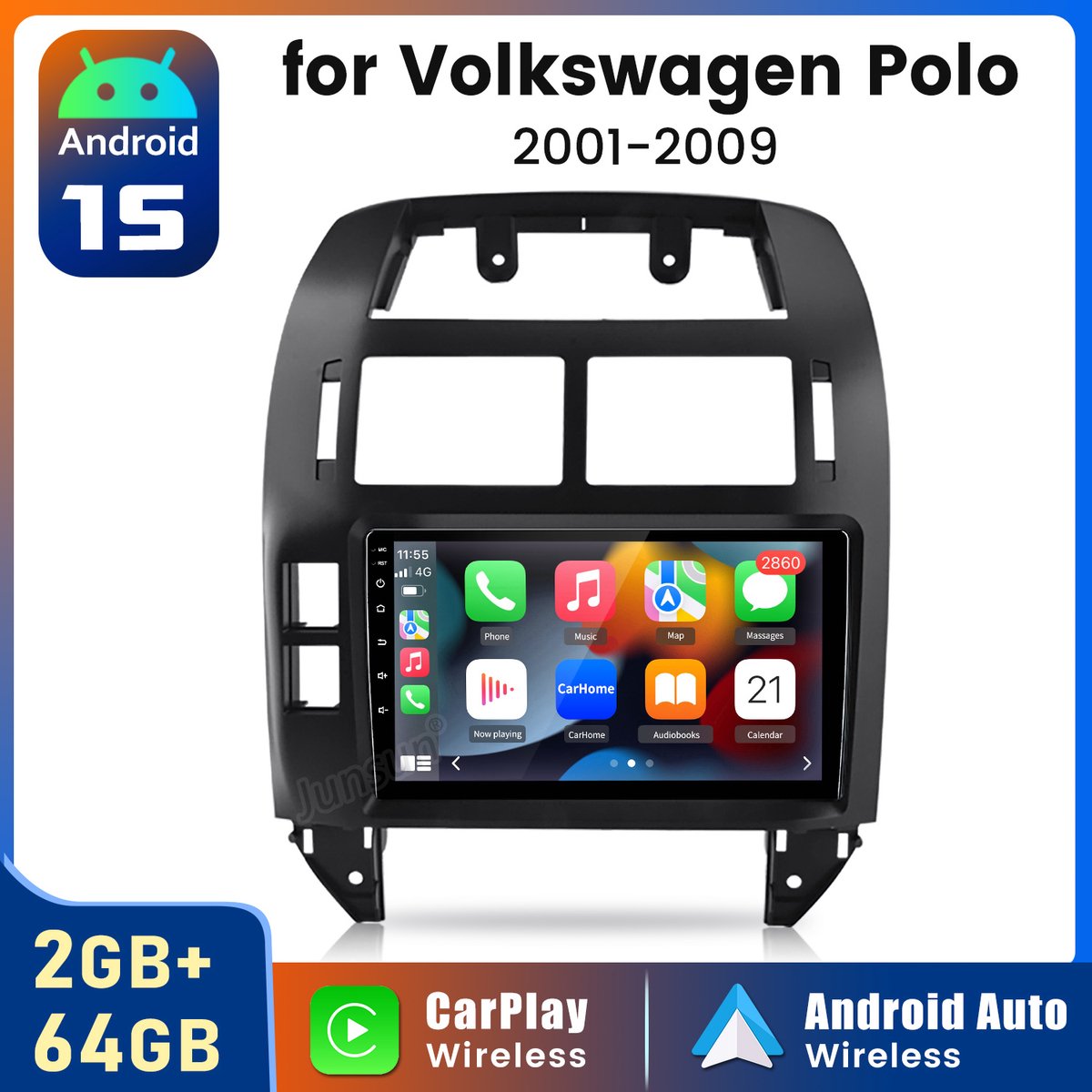 Hexinex Octa-Core autoradio Geschikt voor VW POLO (2001-2009) - Draadloos CarPlay, Android Auto, multimediaspeler, GPS NAVI, WIFI, 4GB+64GB