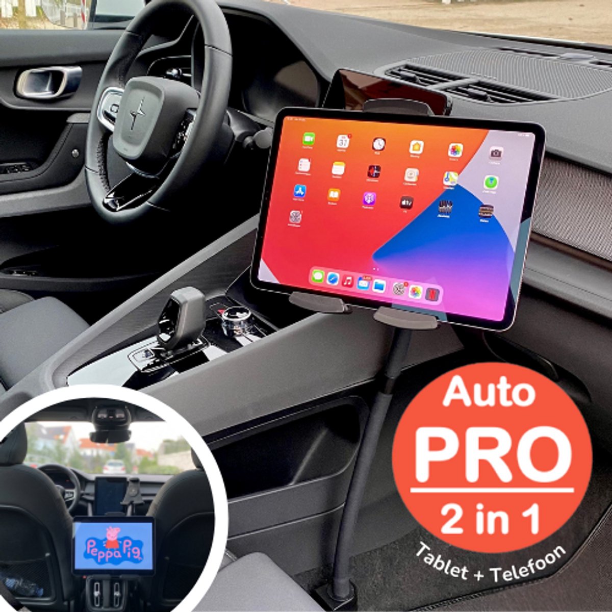 GOOS-E Tablet houder auto + Telefoonhouder auto PRO (6-14 inch) – iPad houder auto – tablethouder - voorin + achterin - Sterk & Flexibel - NL design
