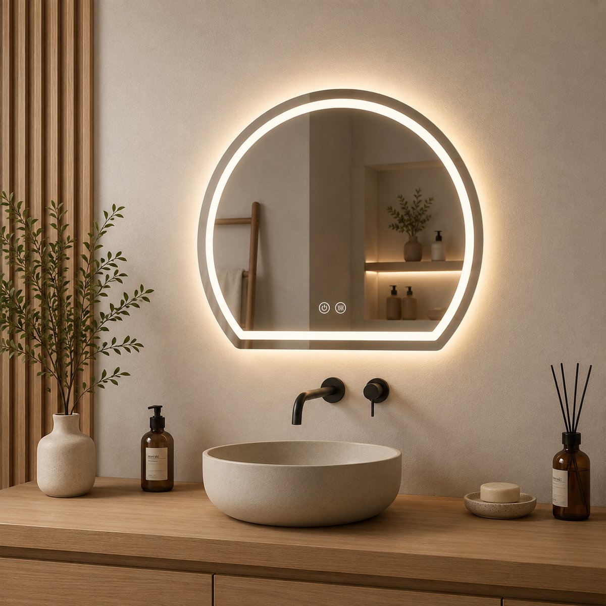 WoonWonder Half-Ronde Horizontaal Badkamerspiegel Met LED Verlichting - Dimbaar - Anti-Condens - 2700K/4500K/6400K - 52CM x 60CM - Transparant