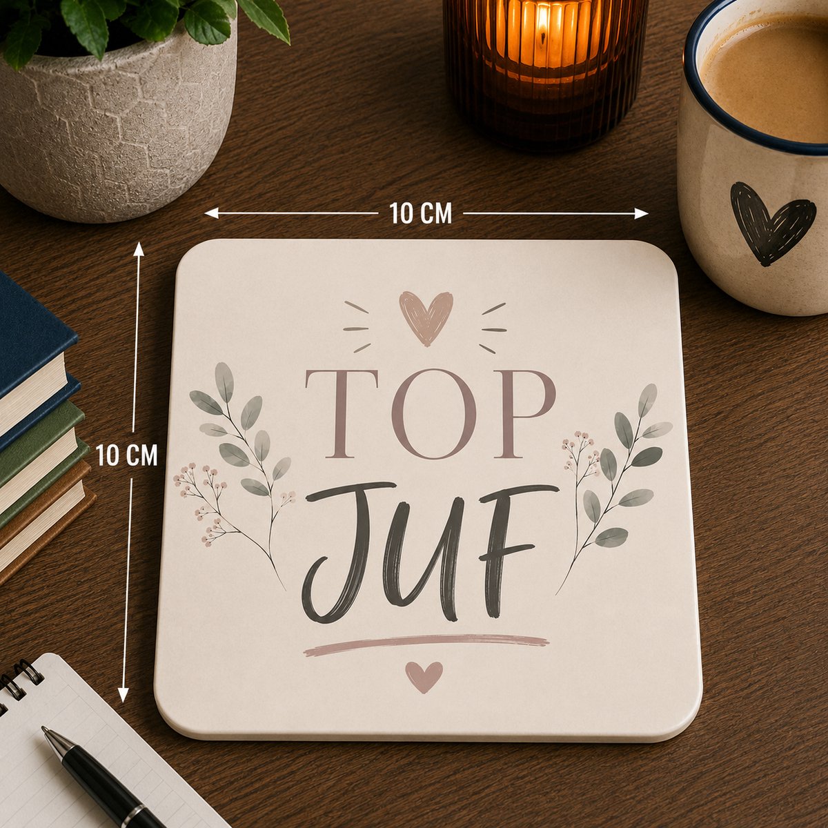 Top Juf Onderzetter 10x10 cm – Minimalistisch Bedankje voor de Liefste Juf – Cadeau Schooljaar