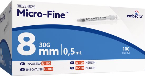 Microfine Insulinespuit 0,5ml U100 + naald 0,30mm (30G) x 8mm