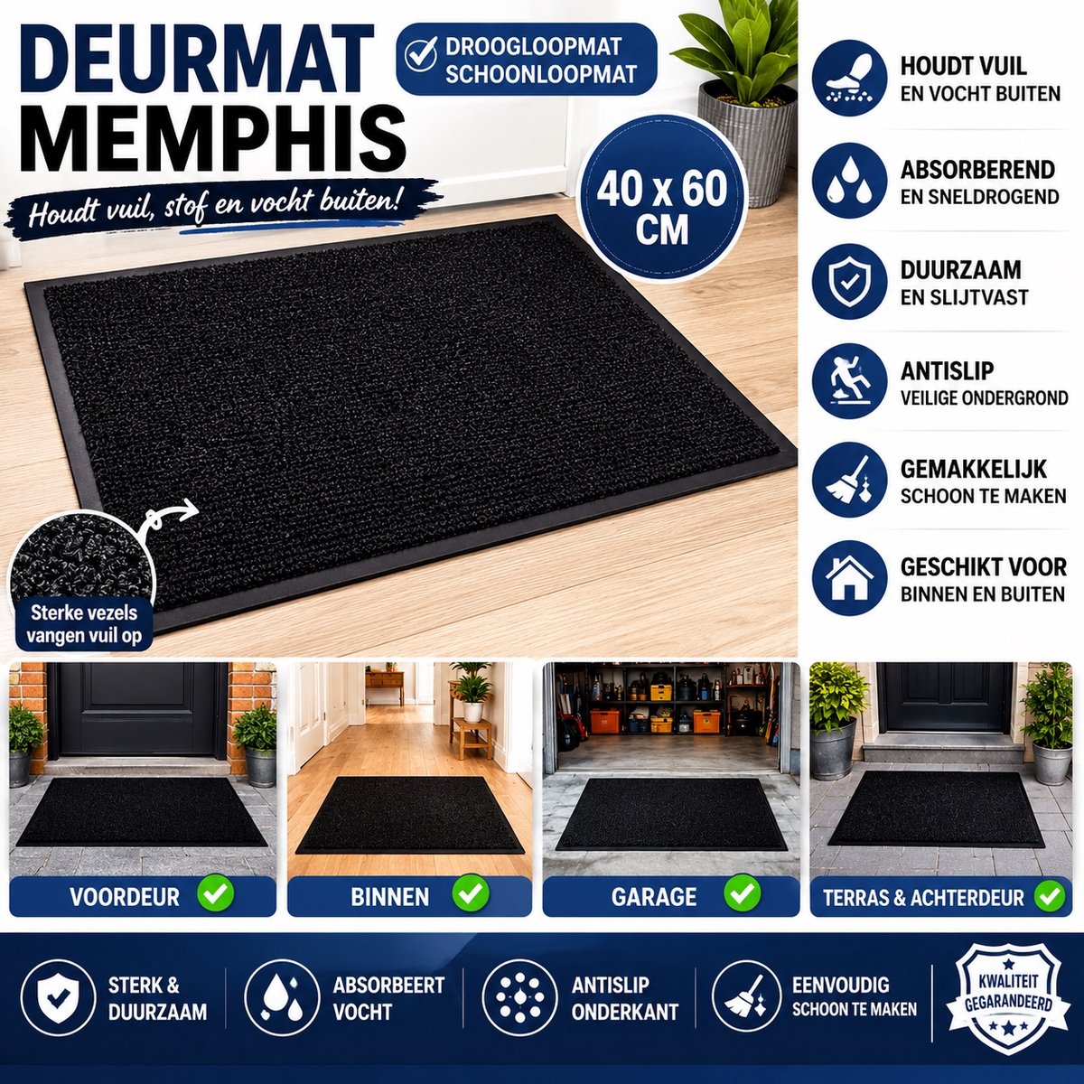 Wicotex - Deurmat - Droogloopmat Memphis Zwart - Afmeting 40x60cm